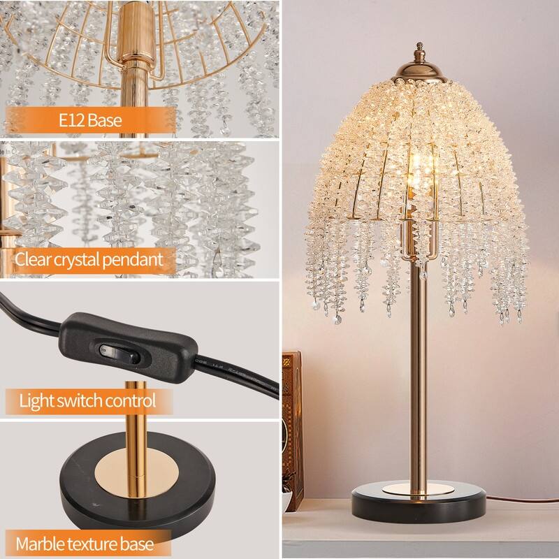 19" Vintage Crystal Table Lamp Elegant Waterfall Design with Marble Base (Bulb Not Included)