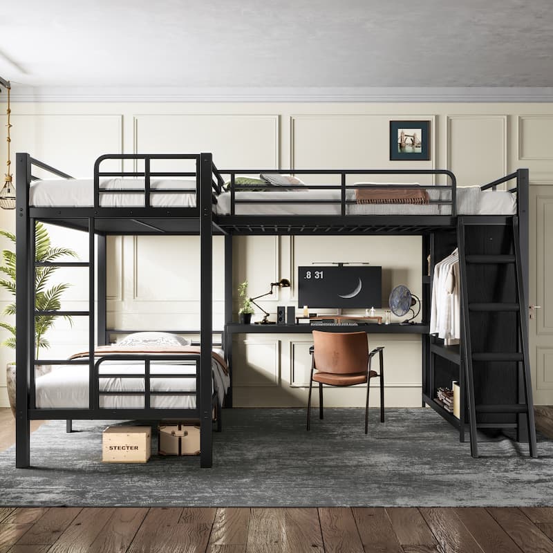 L-shaped Triple Bunk Bed with Desk and Wardrobe, Twin XL over Twin XL Bunk Bed with an Attached Full Loft Bed