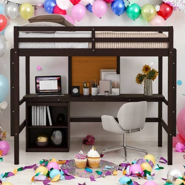 slide 2 of 9, Twin size Loft Bed With Desk and Writing Board,2 Drawers Cabinet,Solid Construction Espresso