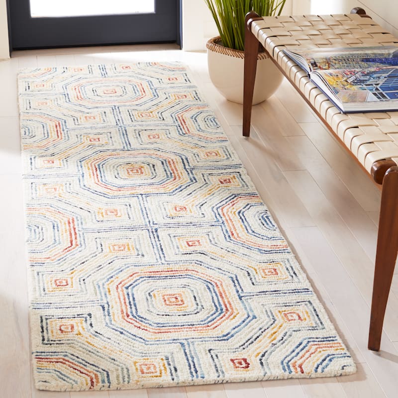 SAFAVIEH, Handmade Aspen Eudoxie Bohemian & Eclectic Tribal Wool - 2' 3" x 8' - Ivory/Blue - Runner