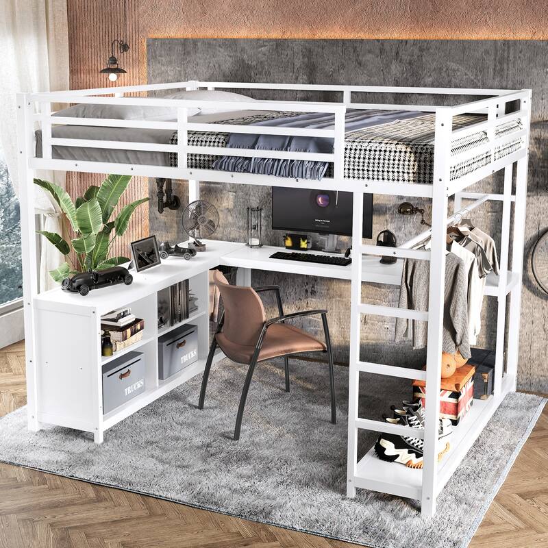Metal Loft Bed with Wardrobe and L-shaped Desk, Queen Size Loft Bed with Storage Cubes and Shelves