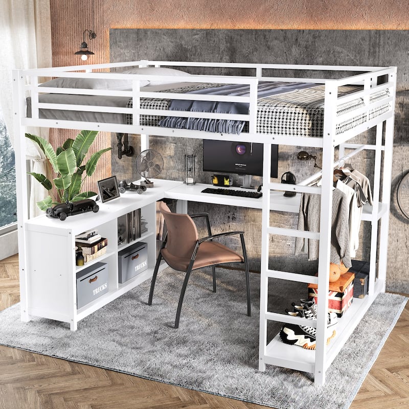 Queen/Full Size Loft Bed with Wardrobe & L-Shaped Desk, Storage Shelves & Cubes for Kids, Teens, Adults - White - Queen