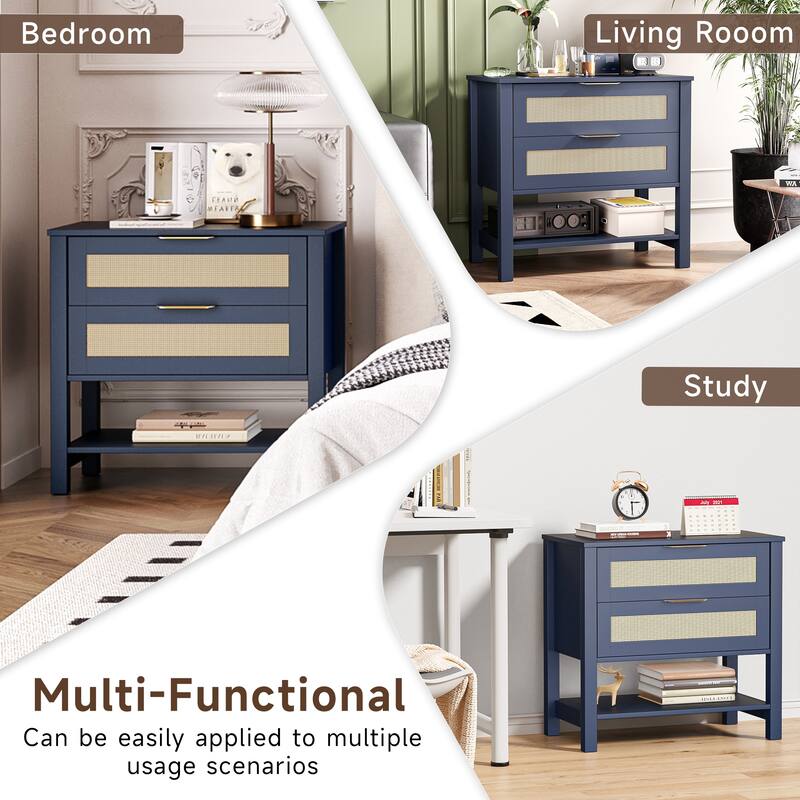 Rattan Nightstand with 2 Drawers and Storage Shelf Boho Bedside Narrow Side Table for Bedroom