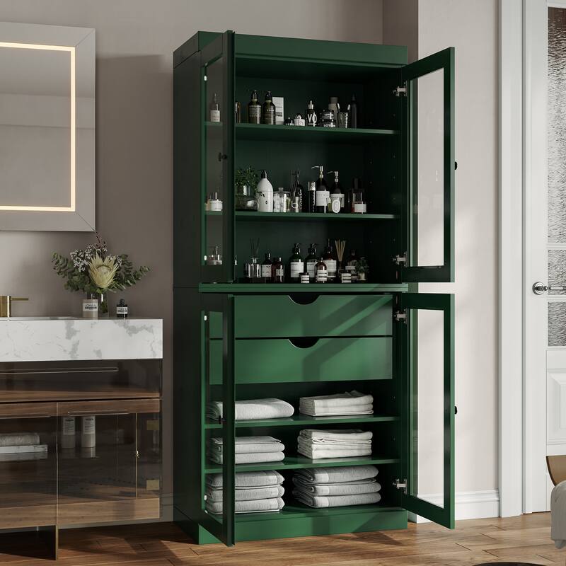Palace Imports 100% Solid Wood Bathroom Storage Cabinet, Clear Glass Doors, 2 Drawers, Adjustable Shelves, 32" Wide, 71.5" Tall - Green