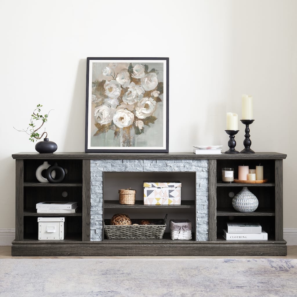 Large TV Stand Storage Rack with Faux Stacked Stone Surround,Media Console Table with Large Storage Cabinet