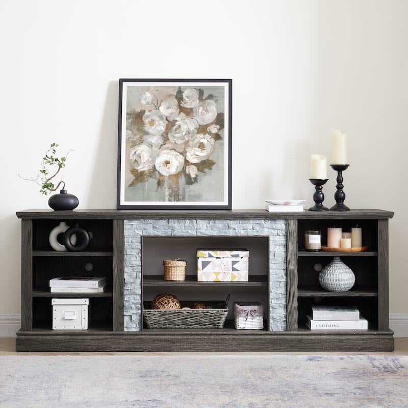TV Media Stand with Faux Stacked Stone, Console Table with Large Storage Cabinet, Media Entertaionment Stand with Shelves - Grey