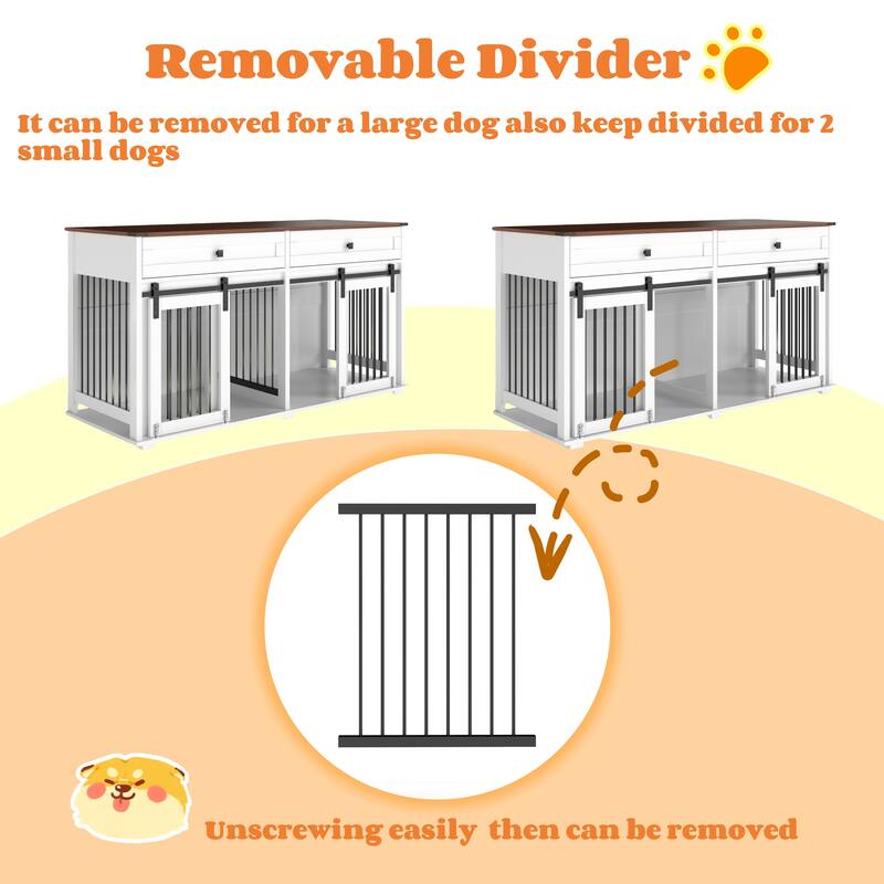 63'' Large Dog Crate Furniture Wooden Dog Kennel with 2 Drawers, Divider and Sliding Door