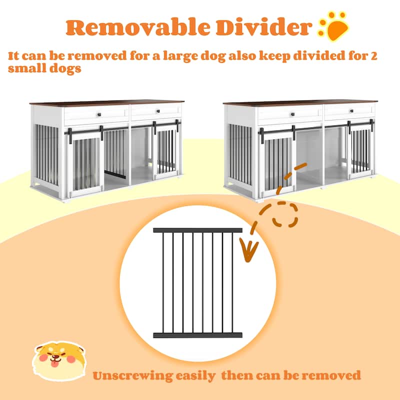 Large Dog Crate Furniture for 2 Dogs, Wooden Dog Kennel with 2 Drawers, Divider & Sliding Door, Indoor Dog Crate End Table