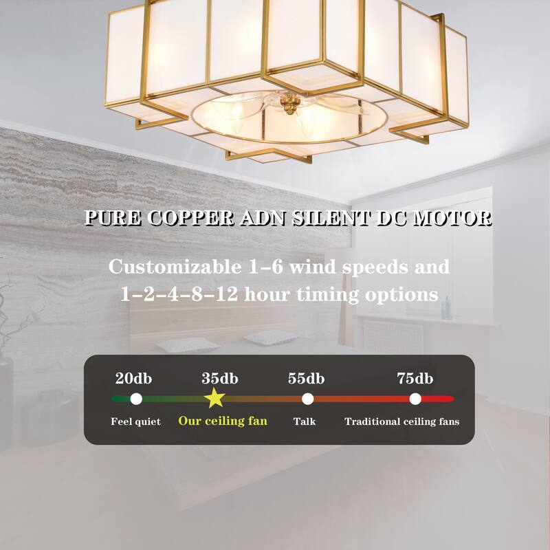 Olapine Square White Gold Trim Tiffany Glass Lighted Ceiling Fandelier with Remote