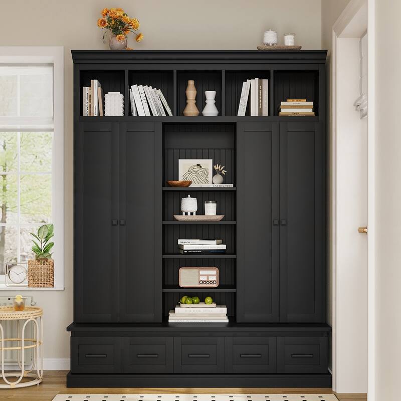 78.7IN H Hall Tree with Bench and 5 Storage Cubbies - Black