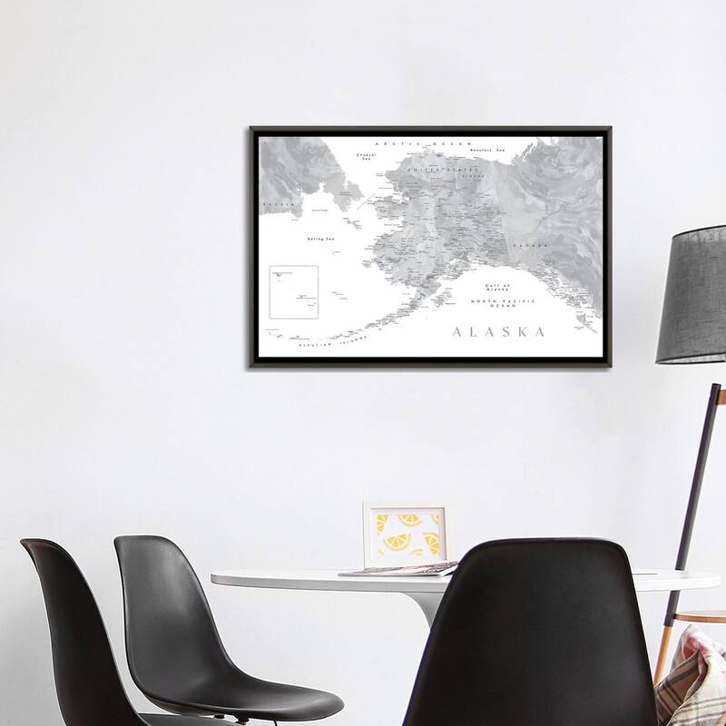 iCanvas "Gray Watercolor Detailed Map Of Alaska" by blursbyai Framed