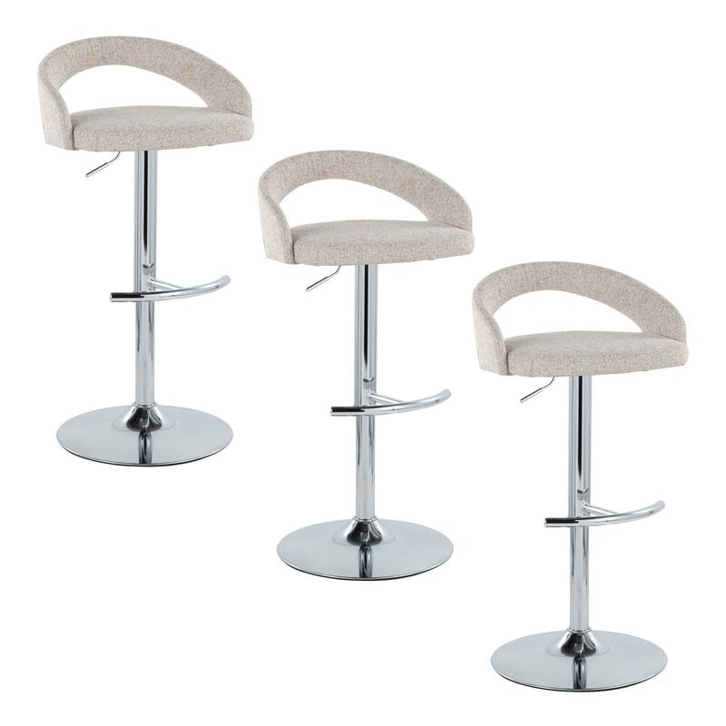 Grotto Upholstered Adjustable Barstool with Chrome Metal - Set Of 3 - Oat Fabric