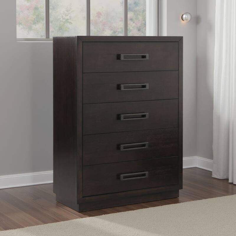 Tey Tall Dresser Chest, 5 Drawers w Metal Handles, Gray Ash Veneer