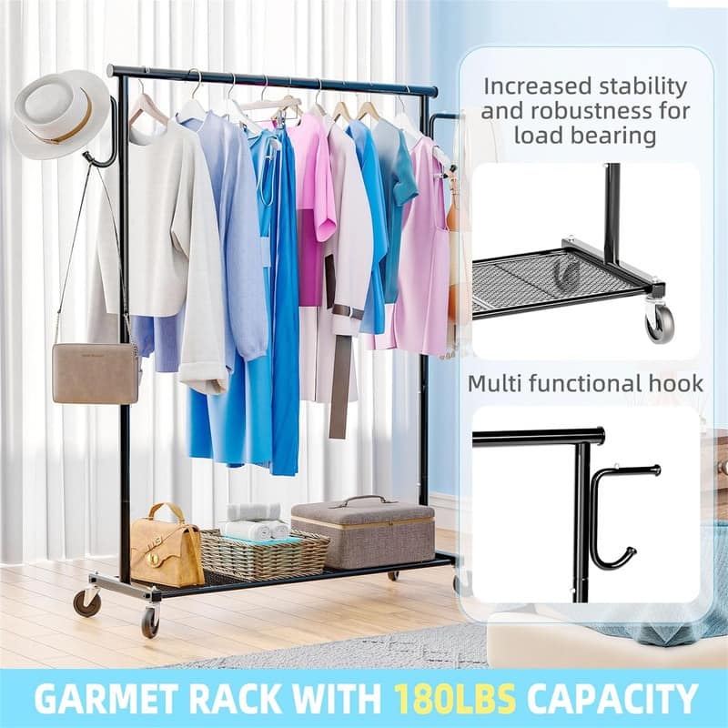 Clothing Garment Rack on Wheels - 16.25"D x 45"W x 64.25"H