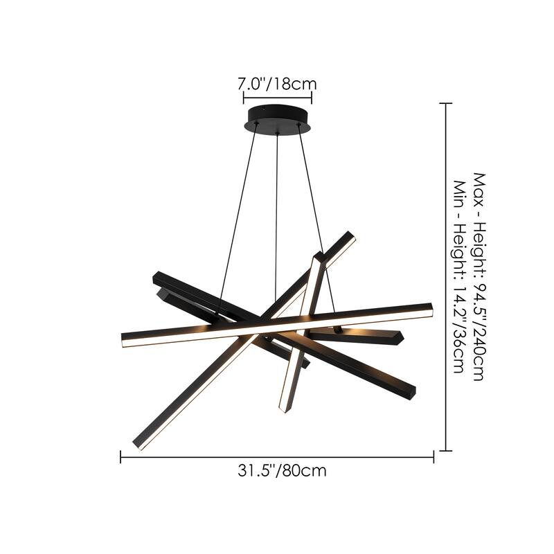 55-Watt 6-Light Modern Industrial Black Sputnik Rectangle Metal Integrated LED Chandelier for Living Room, Bedroom