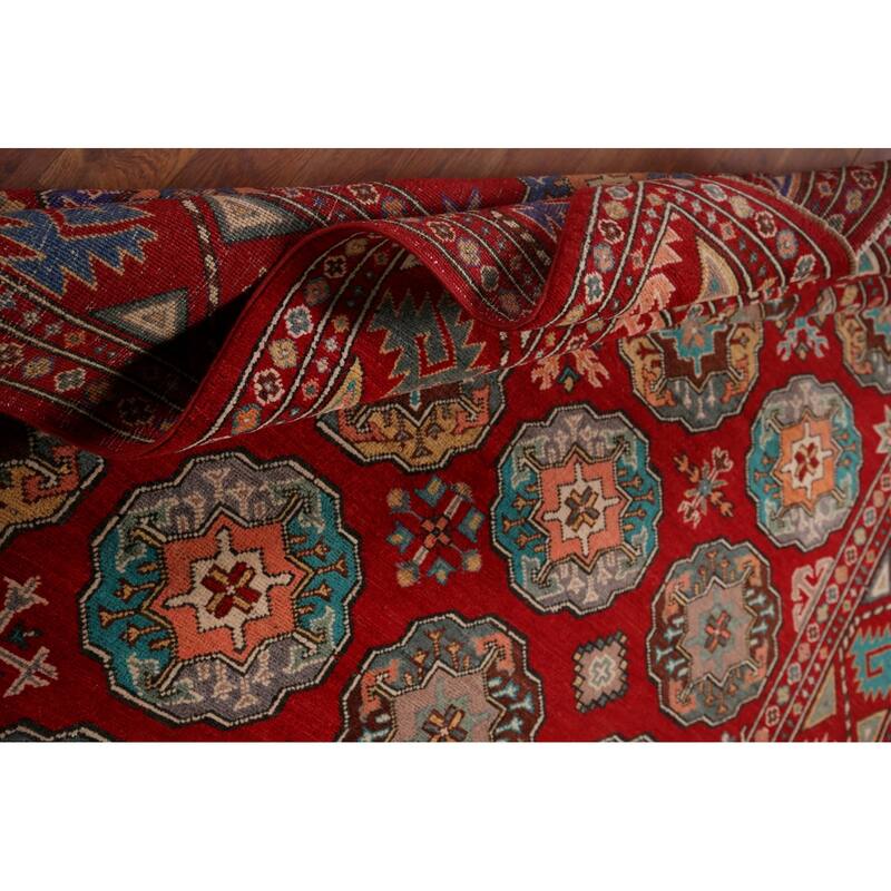 All-Over Red Geometric Kazak Area Rug Handmade Wool Carpet - 6'5" x 9'9"