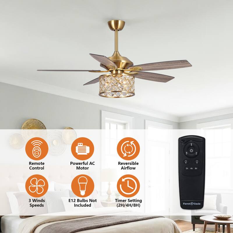 52" Modern Wood 5-Blade Gold Crystal Ceiling Fan Fandelier with Remote
