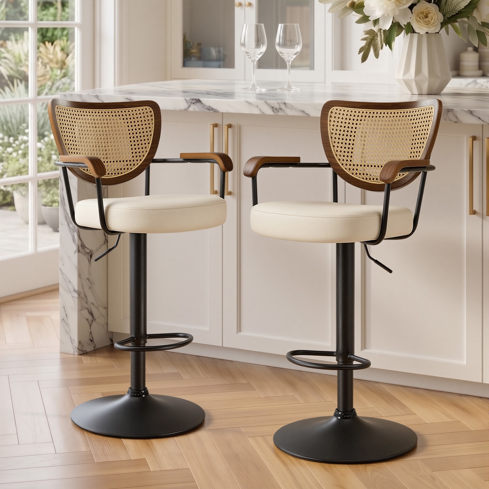 Adjustable Height Upholstered Swivel Bar Stool, Mid-century Modern Counter Stool with Armrests and Rattan Back