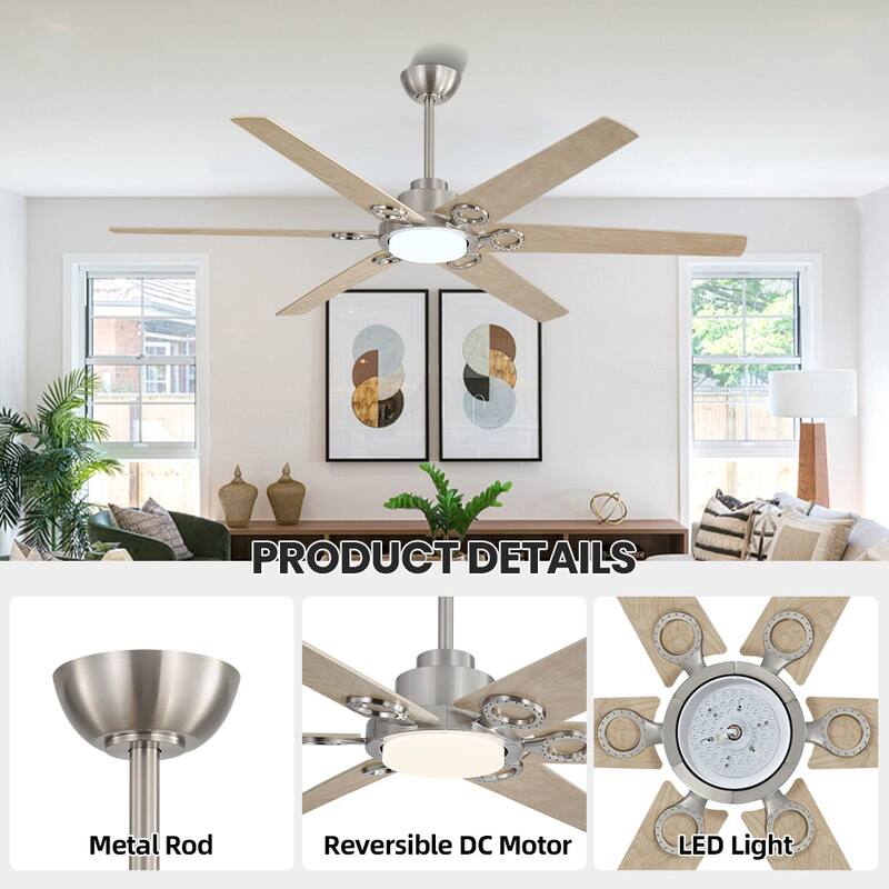MLiAN 64 in. 6 Playwood Blade Dc Motor Indoor Downrod Gray Standard Ceiling Fan with Remote Integrated LED - 64''