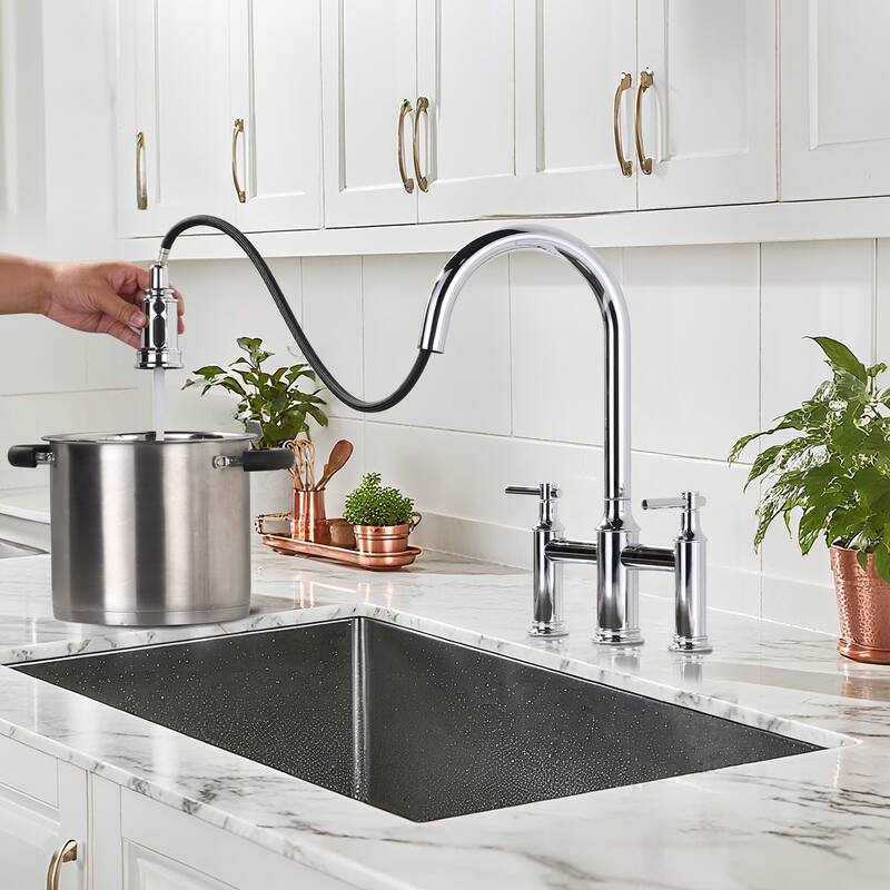 WOWOW Double Handle Pull Down Sprayer Bridge Kitchen Faucet