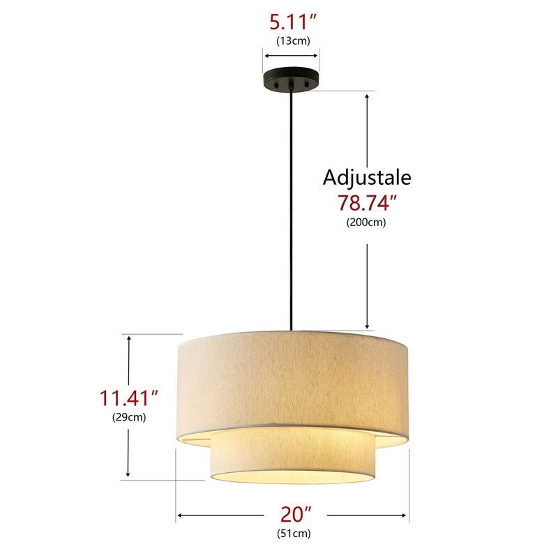 Modern Off-White Drum Pendant Light with 2-Tier Linen Fabrics Lampshade