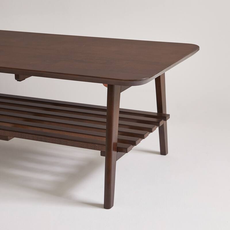 Wooden Coffee Table with Storage Shelf, Mid-Century Rectangular Center Table for Living Room,Walnut Brown