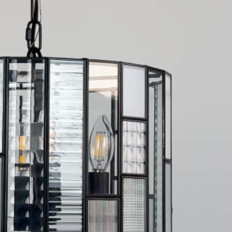 CraftHome Modern Matte Black Drum Chandelier 4-Light Art Glass Pendant with Adjustable Chain for Any Indoor Setting - W:14"