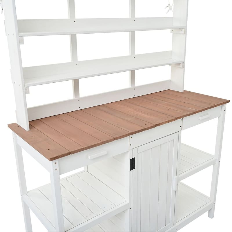 Outdoor Garden Wooden Rustic Potting Bench Table, Patio Storage Cabinet Garden Shed with 2 Drawers, Cabinet and Open Shelves