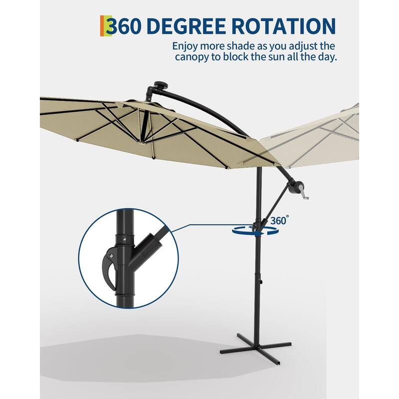 Coromose 10FT Hanging Cantilever Umbrella, 8 Ribs, 360 Rotating Base