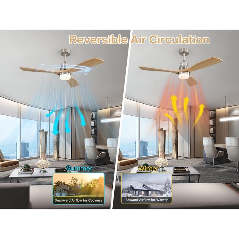 52" Solid Wood Noiseless 3-Blade Ceiling Fans with Dimmable LED Light Optional and Remote, 6-Speed Reversible DC Motor