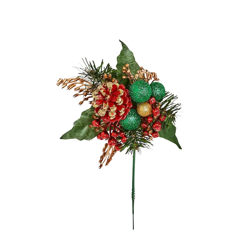 Red/Green Ball Berry Cone Pick, Set of 12 - 7"