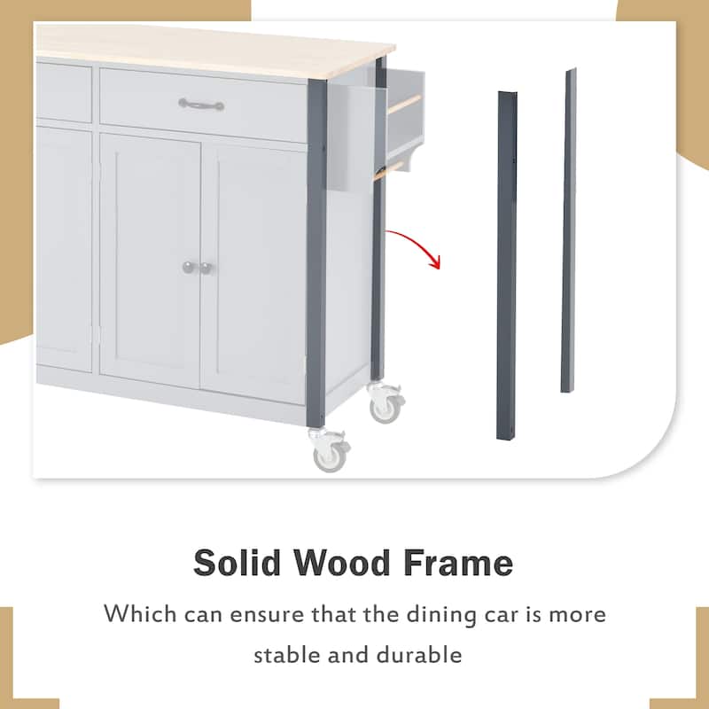 Solid Wood Kitchen Island Cart with Locking Wheels，4 Door,2 Drawers