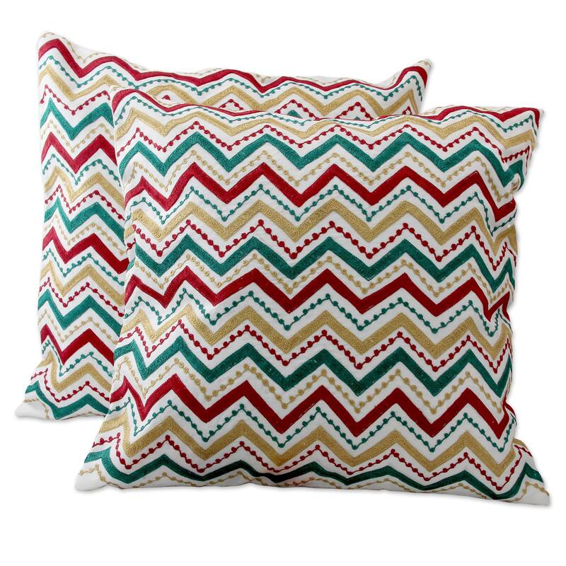 Novica Handmade Festive Zigzag Embroidered Cushion Covers (Pair)