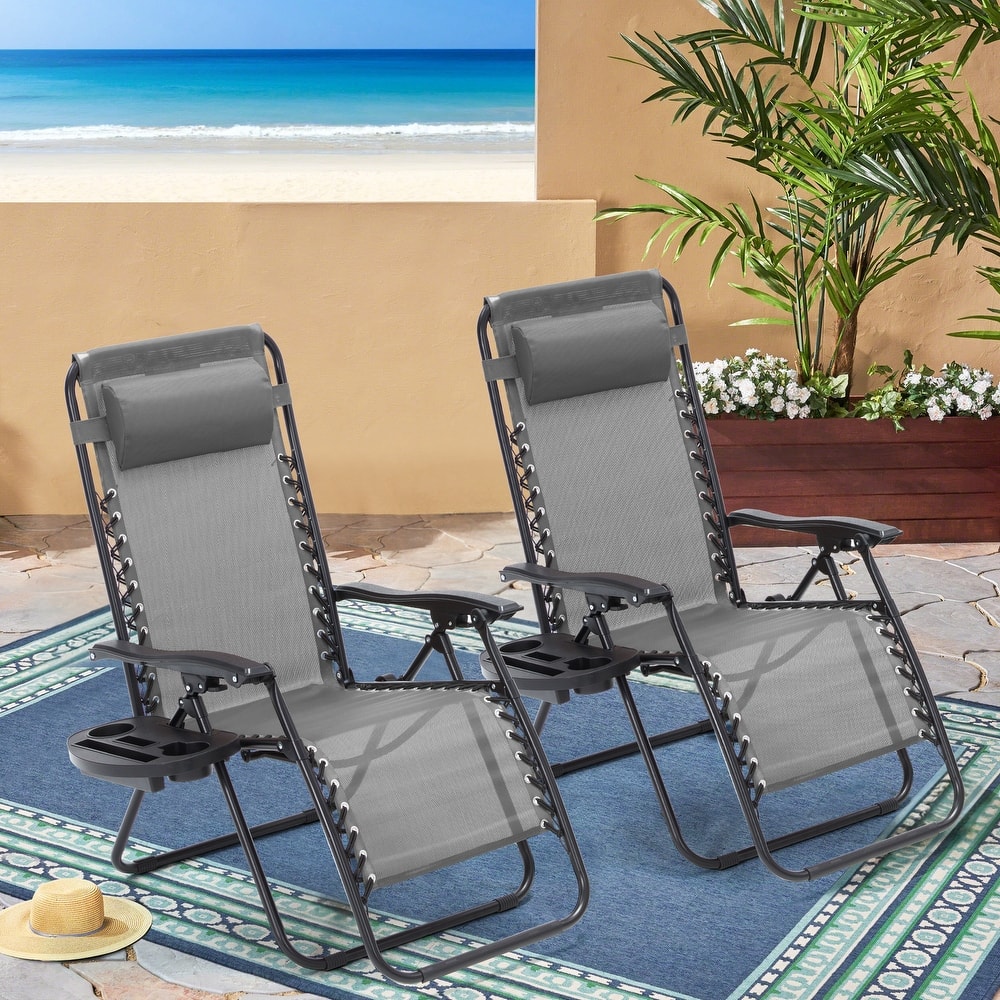 Zero Gravity Lounge Chair Set of 2 – Outdoor Folding Recliners with Cup Holder, Adjustable Headrest, Weather-Resistant Fabric
