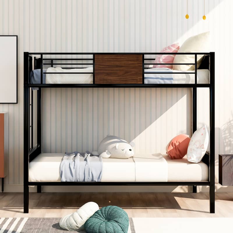 Twin/Full Size Bunk Bed with Steel Frame, Safety Rail, and Built-In Ladder, Space-Saving Design for Kids and Adults