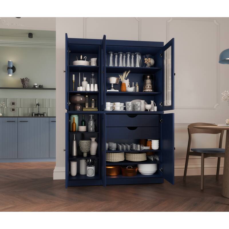 Palace Imports 100% Solid Wood China Pantry with Glass or Solid Wood Doors and 2-Drawers - 48.5" x 71.5" - Navy - Clear Glass-Solid