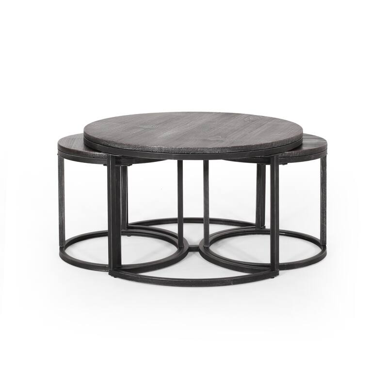 Roomfitters Modern Nesting Coffee Table Set, Rustic Wood Round Tops with Sturdy Metal Base, Space-Saving Design, Set of Three