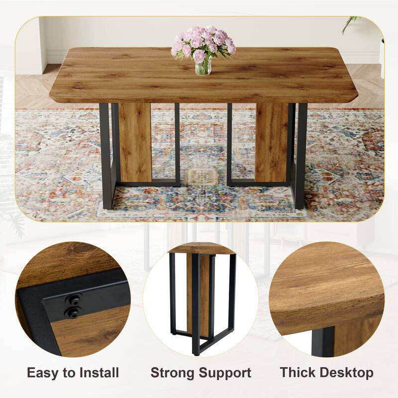Rectangular Dining Table Set for 4, 5-Piece Modern Wood Dining Set with 4 Brown Suede Chairs for Home, Kitchen