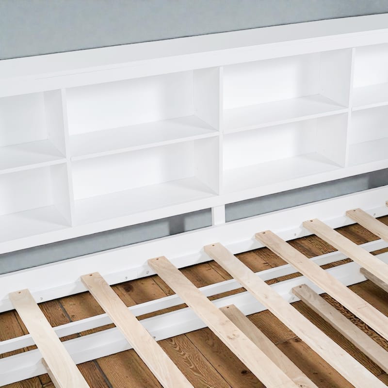 Twin/Full Wooden Daybed with Twin Trundle, Storage Shelf, USB Charging Ports, Slat Support, Space-Saving Design