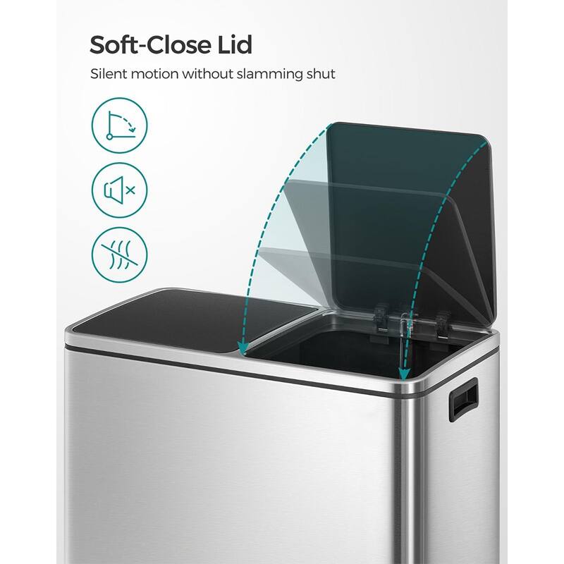 Stainless Steel Dual Compartment Trash Can with Soft-Close Lid Foot Pedal and Removable Inner Buckets