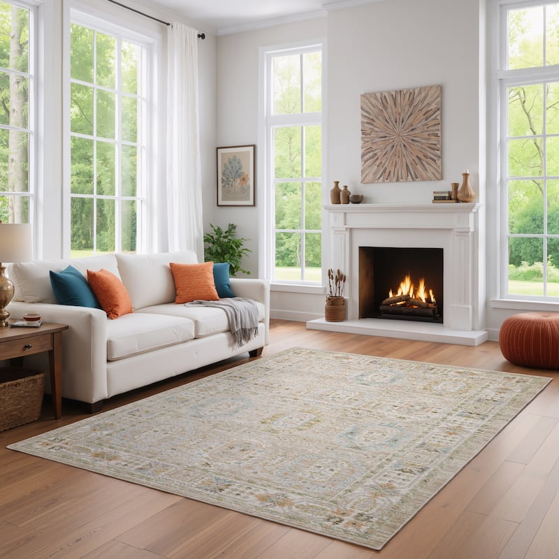 Cavett Textural Distressed Traditional Beige/ Blue Area Rug - 5' 3" x 7' 6" - Rectangle