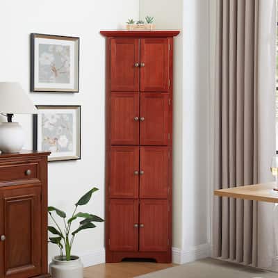 72" 4-Tier Cherry Corner Kitchen Pantry: 8 Doors, Adjustable Shelves - Tall Storage for Bathroom, Living Room, Farmhouse Style