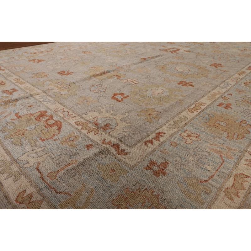 Vegetable Dye Oushak Area Rug Hand-Knotted Floral Beige Wool Carpet - 7'11" x 10'2"