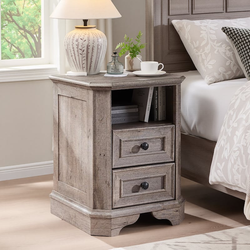 18" Farmhouse Nightstand with Charging Station, End Table,Side Table - Light Rustic Oak