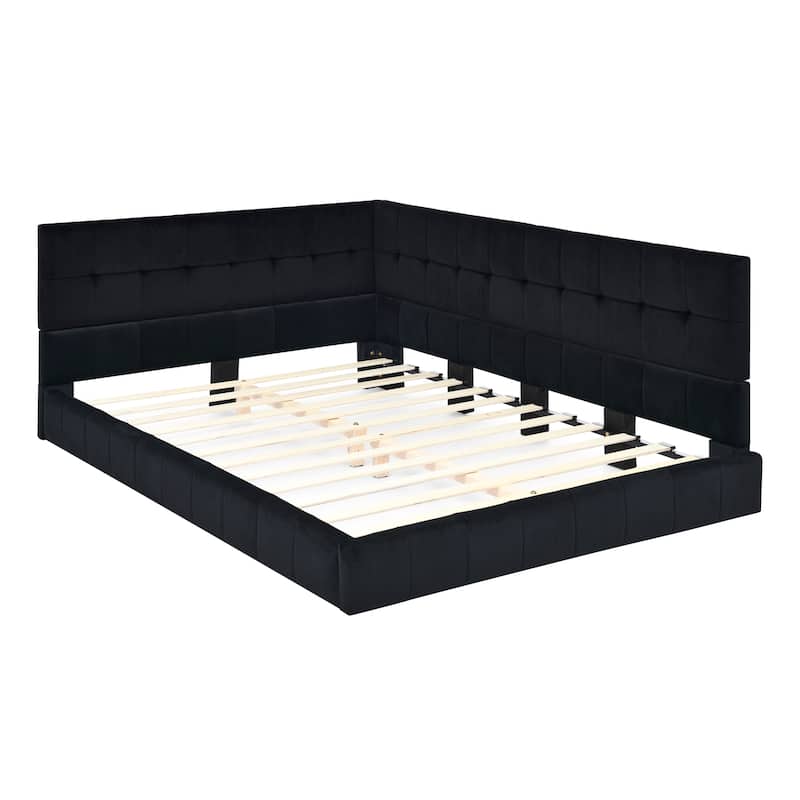 Full Size Daybed Grounded Bed Velvet Upholstered Tufted Bed Frame with L-shaped Backrest & Armrests for Livingroom or Bedroom