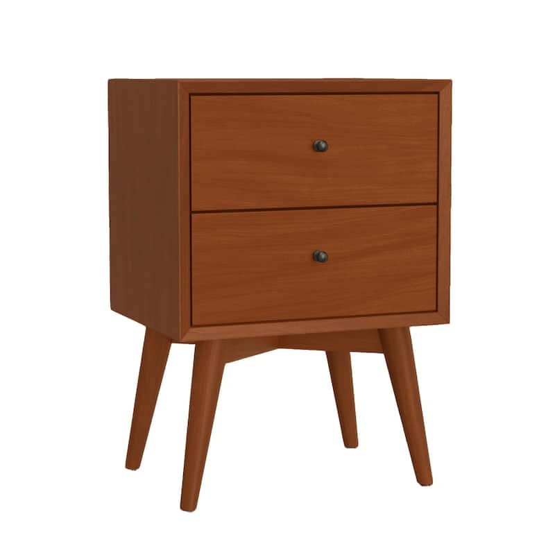 Mid Century 26 Inch Nightstand, 2 Drawers, Mahagony Wood Chestnut Brown