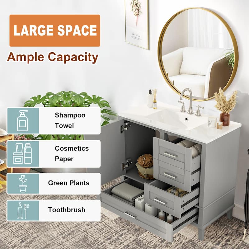 36" Bathroom Vanity with Ceramic Sink,Solid Pine Frame