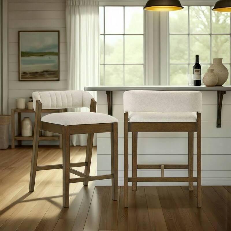 Landyn Modern Bar Stool, Upholstered Counter Height Chair with Wood Frame - Set of 2 - Ecru - Bar Height