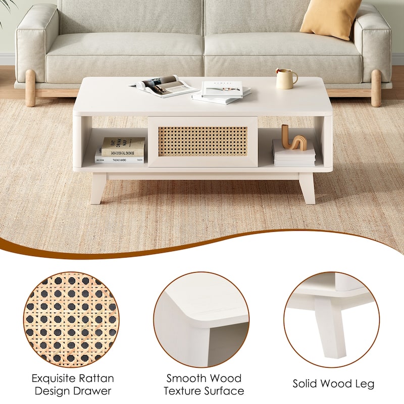Mid Century Coffee Table with Storage, Modern Square with Rattan Drawer, Wooden Living Room Table with Solid Wood Leg
