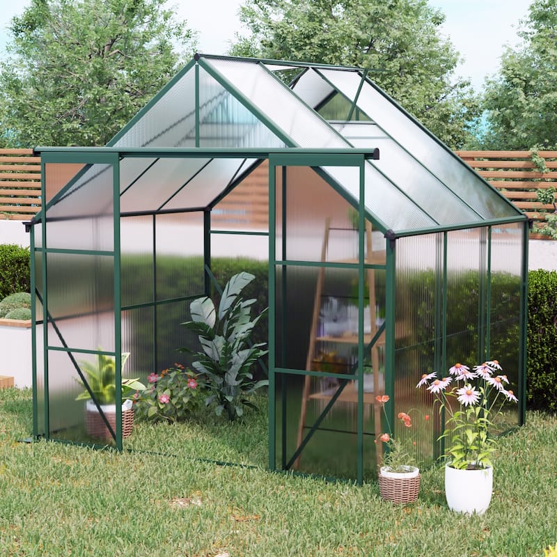 GDF Studio - Arendon Outdoor Aluminum Polycarbonate Greenhouse with Double Sliding Doors and Raised Base